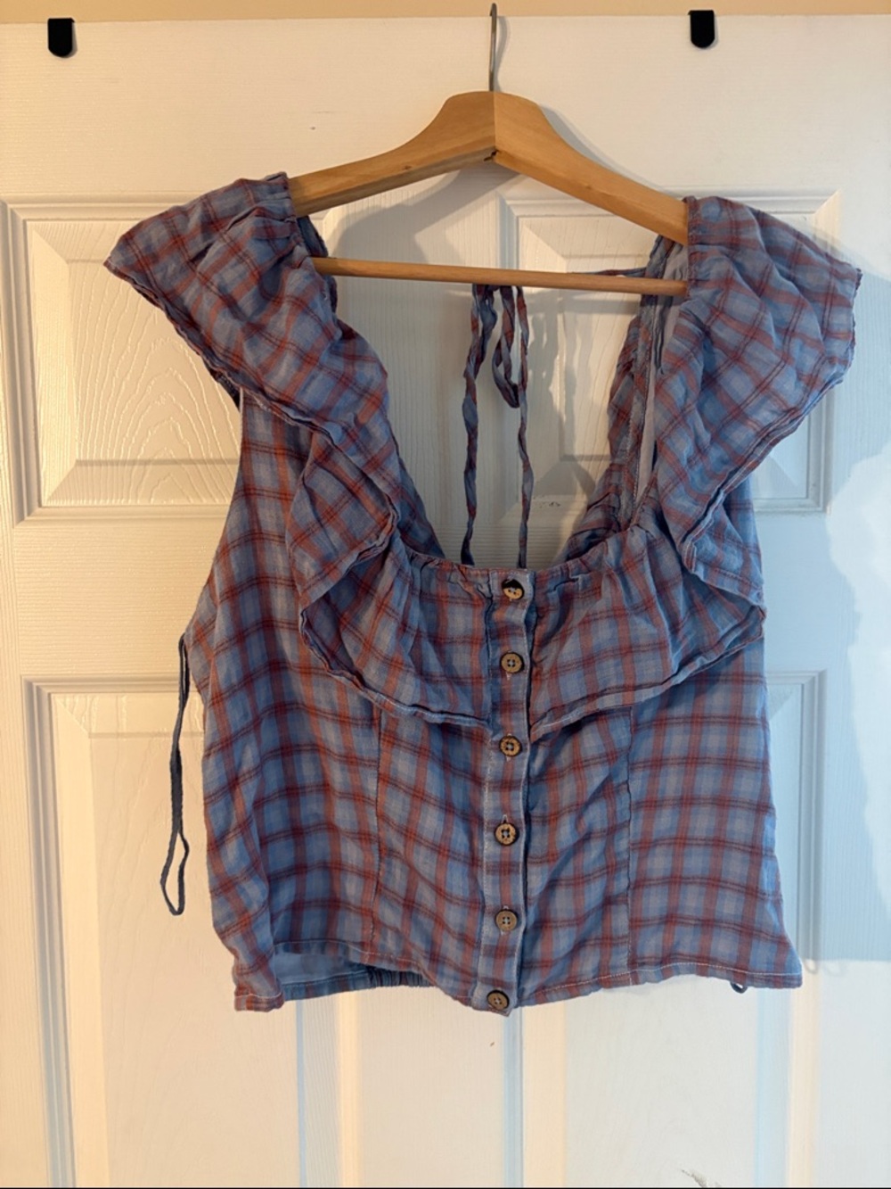 Free people blue plaid ruffle neckline  Button-Front Top